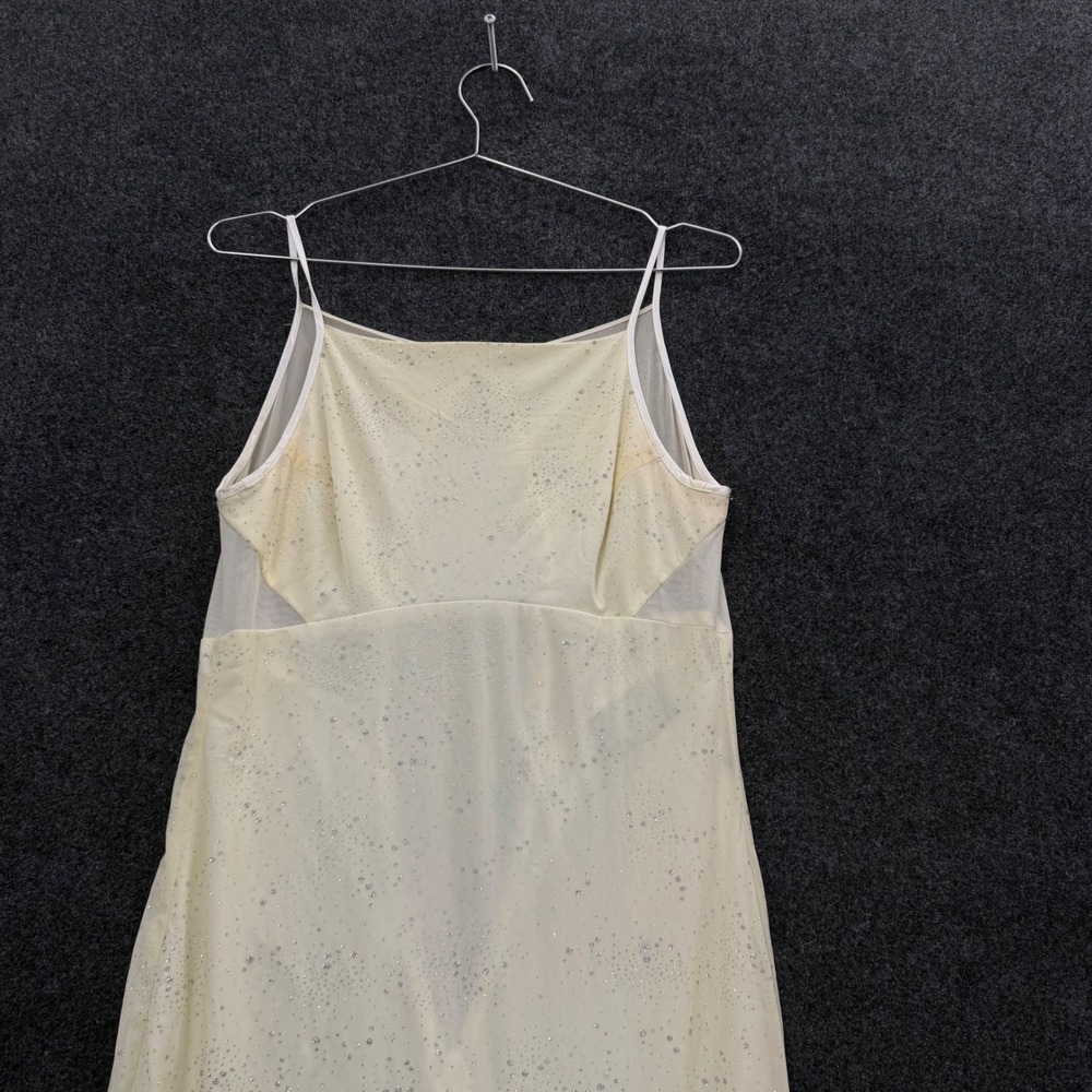 Vintage Pale Yellow Glitter Starburst Maxi Dress Sheer Mesh Back Prom Gown